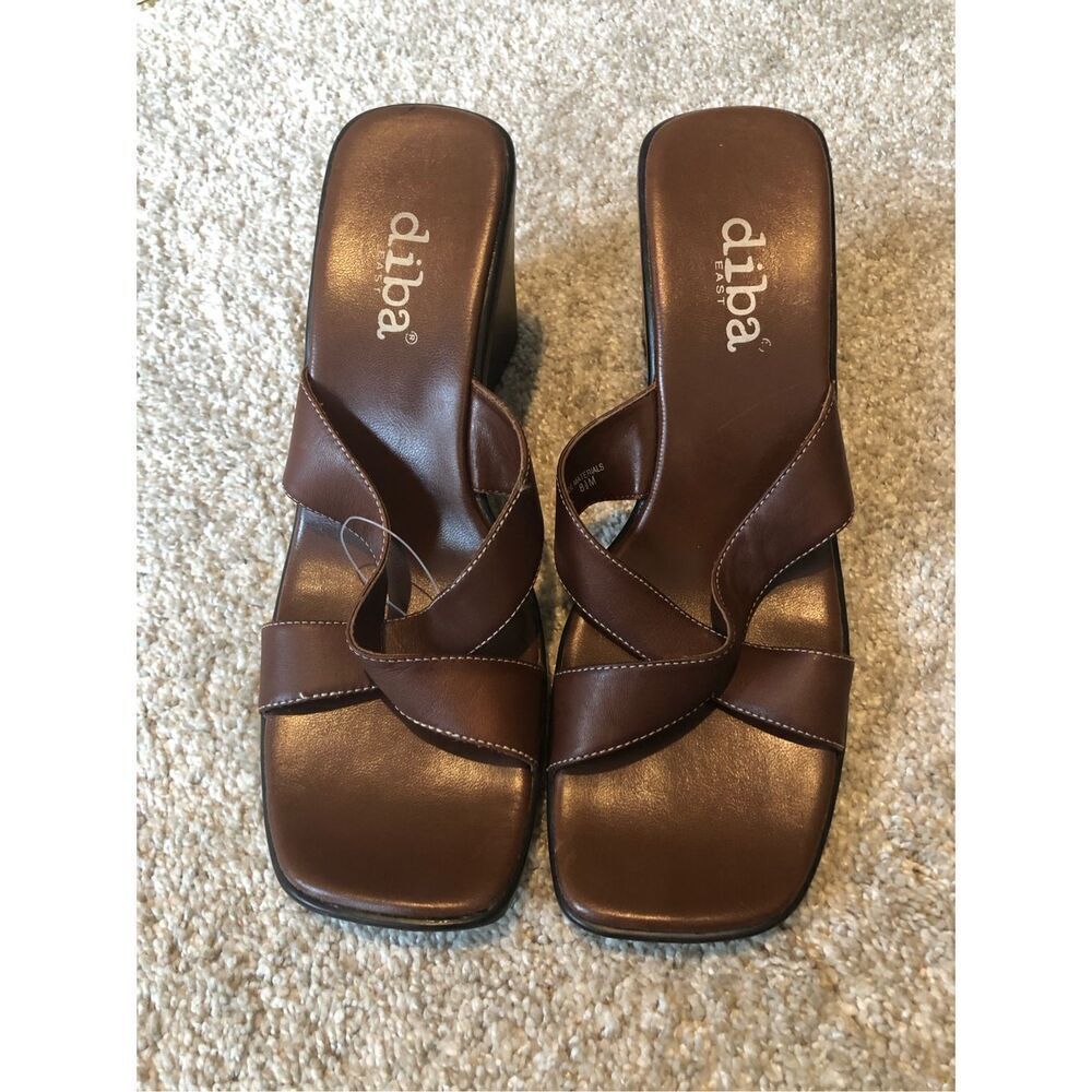 Diba East Women’s Brown Leather Open Toe Wedge Heel Size 8.5